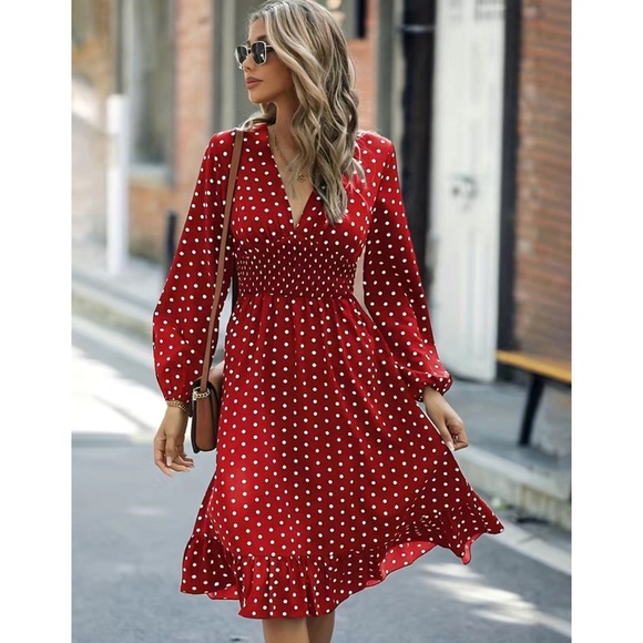 Retro V-Neck Ruffle Long Sleeve Polka Dot Midi Dress Red White M L XL Nwt - Picture 4 of 6